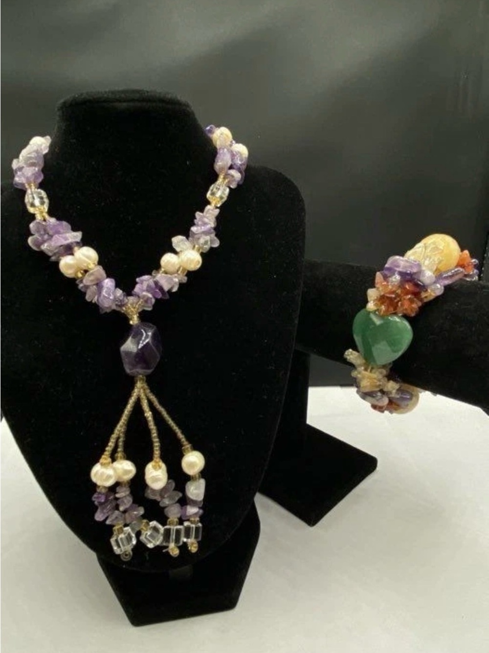 Purple Amethyst and Pearl Statement Necklace with Tassel and jadeite bracelet